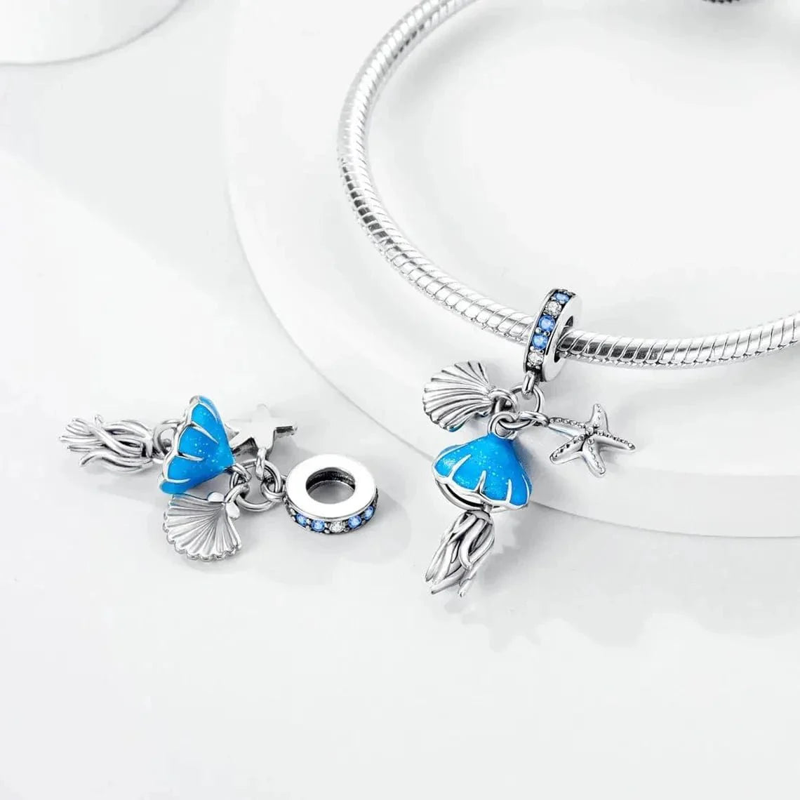 Glow in the Dark Jellyfish Clam and Starfish Triple Dangle Charm