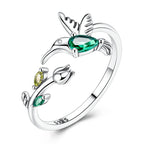 Hummingbird with Green Crystal & Floral Adjustable Ring